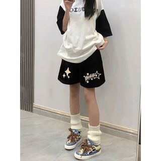 Plus Story'' 歐美休閒五分褲 大尺碼女裝 高腰寬鬆闊腿短褲 夏季顯瘦直筒運動中褲 百搭外穿 通勤穿搭 遮肉款