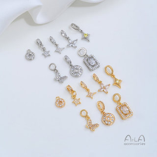 宏雲Hongyun-Ala-銅鍍14K包金鑲鋯石銅錢四芒星五角星小蝴蝶吊墜手工Diy手項鍊配件