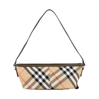 BURBERRY 內金字LOGO格紋棉織布搭小羊皮飾邊拉鍊手提肩背包(淺褐)