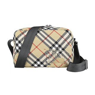 BURBERRY 戰馬標誌LOGO拼接格紋帆布雙拉鍊肩背斜背包(淺褐)