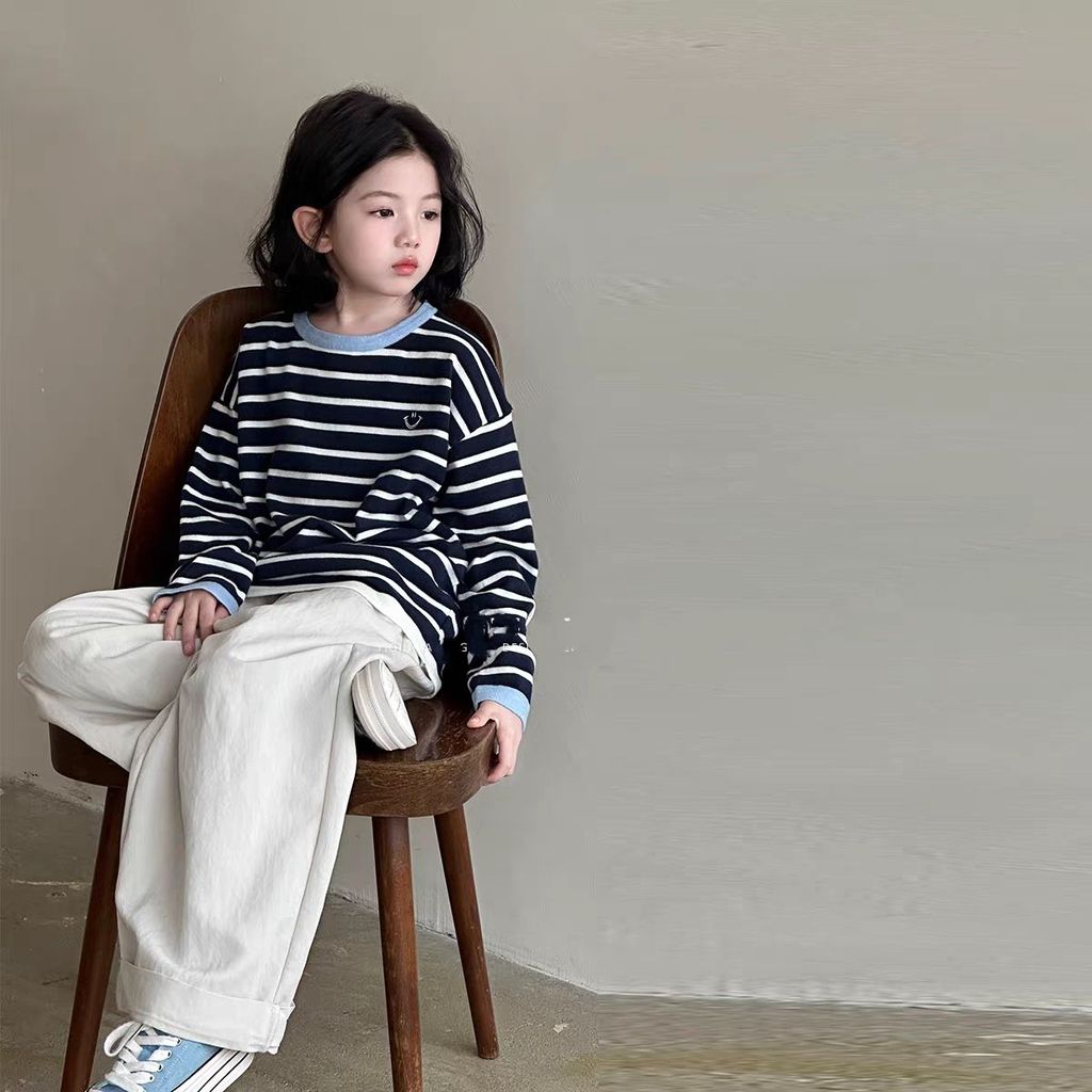 mori🎀mori秋季百搭經典條紋休閒風T恤韓版長袖圓領上衣打底衫