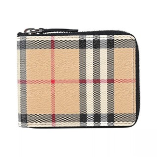 BURBERRY 內壓印LOGO格紋塗層帆布內襯牛皮ㄇ字拉鍊零錢短夾(米x黑)
