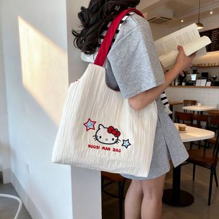日系 Hello Kitty 皺褶帆布托特包 田園風大容量單肩手提包 上班族通勤外出百搭帆布側揹包