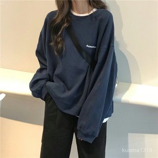 免運 臺灣出貨 女圓領衛衣 薄款衛衣女無帽春學生寬鬆韓版bf慵懶風洋氣上衣cec外套潮ins 7I5U
