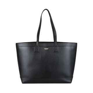 BURBERRY經典燙金Logo格紋內襯素色粒面小牛皮肩背包托特包(大/黑x格紋)