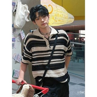 ✨川崎先生✨美式短袖POLO衫鏤空針織polo衫短袖T恤男夏季海邊穿搭撞色條紋體恤美式複古上POLO領上衣春夏上衣美式復