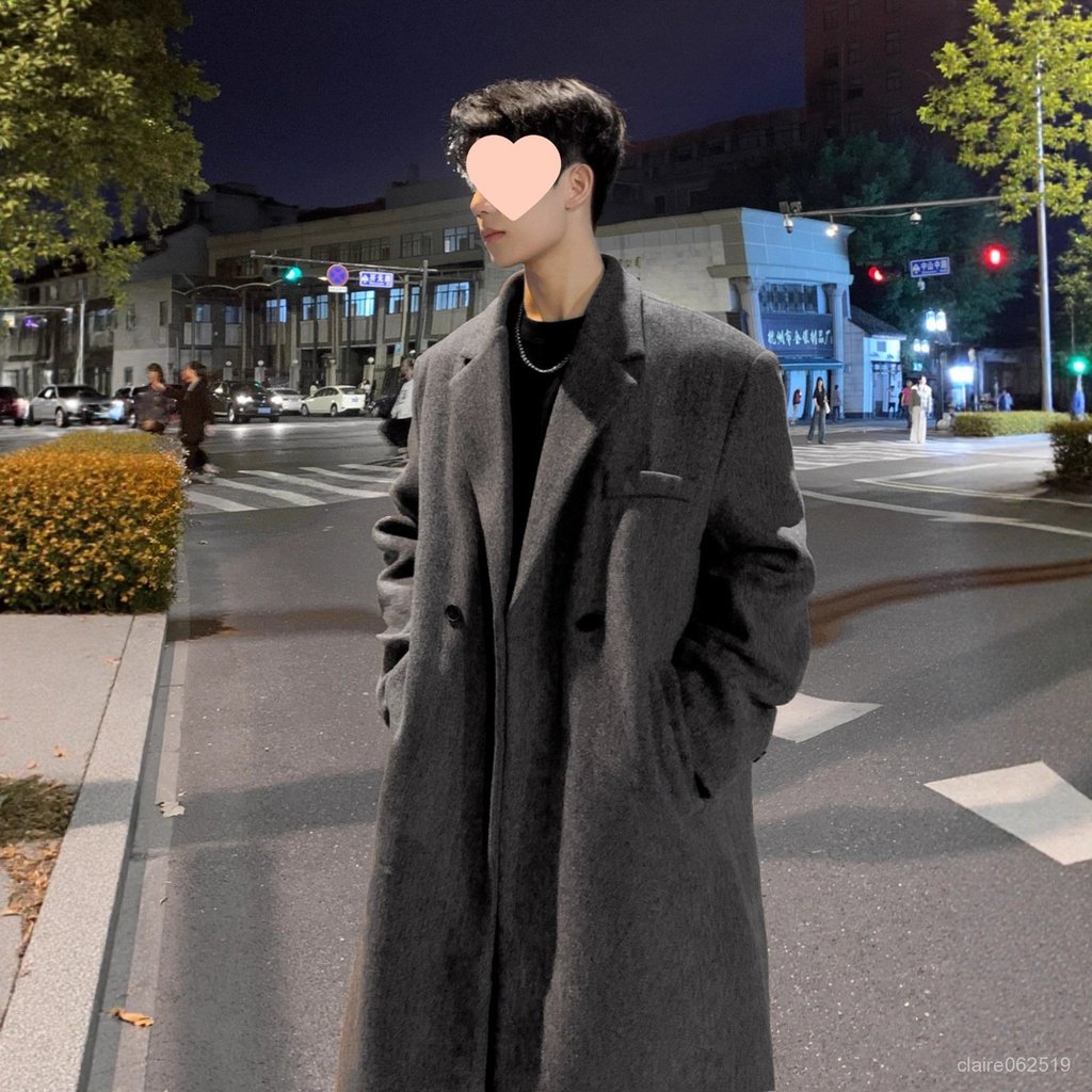 臺灣出貨 免運 風衣男 毛呢大衣男灰色秋冬季中長款加厚寬鬆過膝風衣男韓版呢子西裝外套 MJ3Y