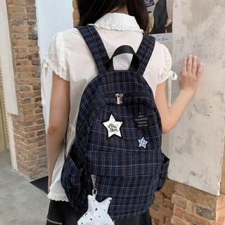 【福氣】新款韓系星星格子波點雙肩包女學生書包學院風通勤大容量耐髒揹包