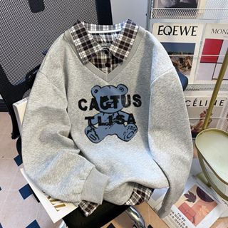 胖胖美依 印花上衣 學院風 長袖T卹 M-2XL 新款包領斜紋 薄款POLO領格子假兩件男女TCF02-N14073.