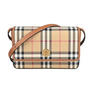 BURBERRY Hampshire經典金色徽標格紋設計塗層帆布小牛皮滾邊手拿包斜背包(經典米)