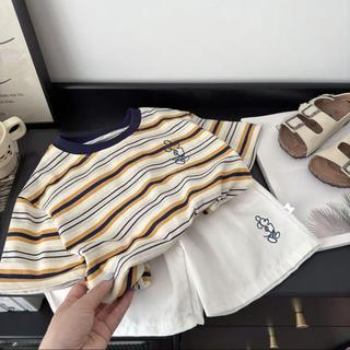Mimo⭐男童夏裝套裝兒童條紋短袖夏季衣服寶寶男孩時尚套頭刺繡