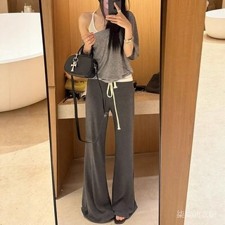 臺灣出貨 休閒褲女 YOL SHP 灰色純慾百搭低腰微喇褲女夏薄款顯瘦垂感氣質休閒長褲 RVNM