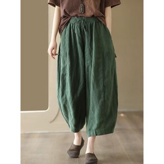 棉麻闊腿褲 亞麻褲 透氣 涼快 休閒褲女 鬆緊腰 繫帶 寬鬆 哈倫褲 復古拼接 垂感燈籠褲女
