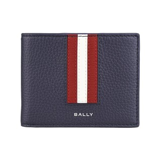 BALLY Ribbon 字母銀箔LOGO小牛皮紅白交錯內搭尼龍6卡對折短夾(男款/深藍)
