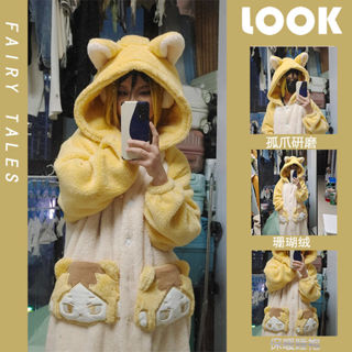 【保固 臺灣倉】關注領85折 卡通睡衣 COS家居服 套裝 孤爪研磨珊瑚絨睡衣女冬季新款加絨加厚法蘭絨中長款連帽冬天睡