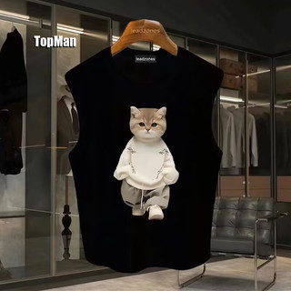 TopMan 背心男 無袖上衣 純棉重磅 貓喵印花可外穿男生吊嘎 砍袖背心
