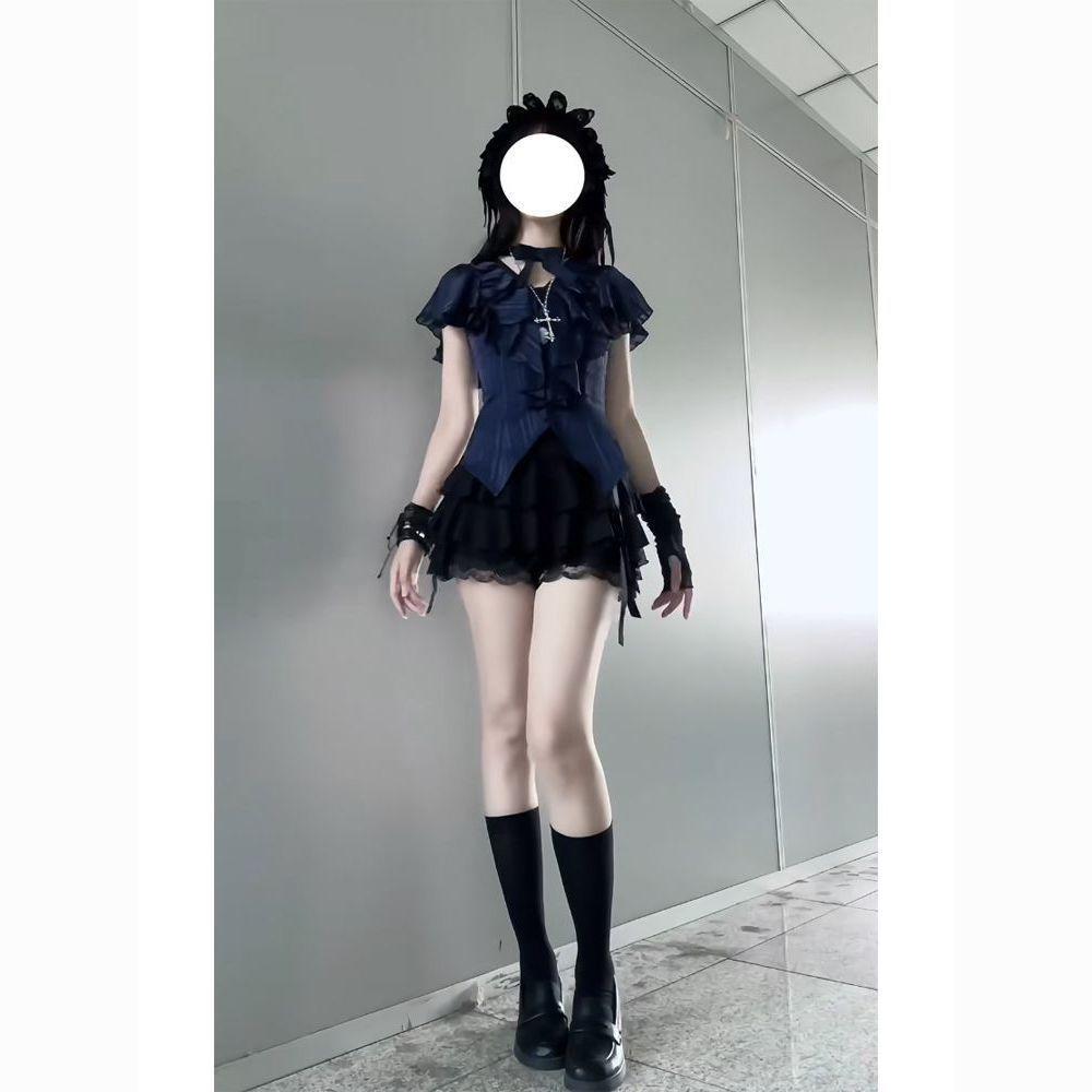 夏日lolita💖見習魔女 夏季哥特暗黑亞文化黑色Lolita短袖襯衫短裙顯瘦兩套