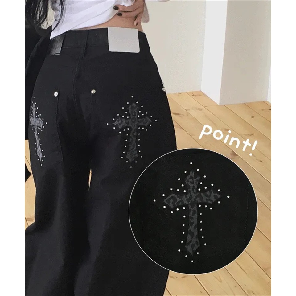 ˏˋ𝐻𝑒𝑦 𝑆𝑝𝑟𝑖𝑛𝑔 - ̗̀🌷⛅️ ̖韓國 INS 街頭小眾十字印花復古水洗痞帥闊腿直筒牛仔褲