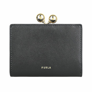 FURLA 小牛皮Dots系列燙金LOGO 6卡按釦式口金零錢中夾(黑)