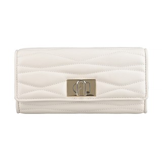 FURLA 小羊皮絎縫線設計1927系列轉釦翻蓋二折長夾(自然白)
