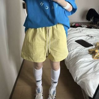 「Venturi」 黃色多巴胺快乾運動短褲女 高腰A字顯瘦傘兵剪裁 修飾腿型 夏季薄款美式工裝風 街頭機能休閒穿搭