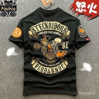 2024高品質🌈日係哈雷機車骷髏頭印花港風短袖t恤男歐美複古潮牌搖滾純棉半袖 AU50
