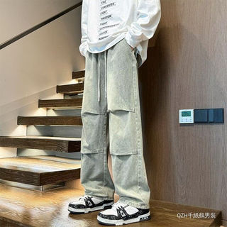 Entong美式高街Vibe黑色立裁牛仔褲男街頭痞帥寬鬆直筒顯瘦長褲子 春秋男裝 休閒褲子男 長褲男 春秋褲子男