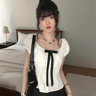 日系女裝 韓系女裝 SUCHCUTE法式甜辣性感蝴蝶結拼接大圓領泡泡袖t恤女修身辣妹上衣