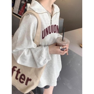 赤道少女 POLO領大學t 薄衛衣 美式復古 字母印花 簡約 oversize 寬鬆顯瘦 ins 風衣服 秋冬 長袖