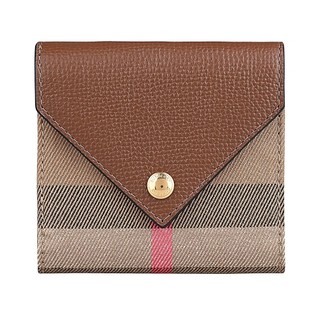 BURBERRY LILA內裡燙印LOGO都市格紋設計棉質拼牛皮邊飾4卡翻蓋釦式短夾(經典米x棕)