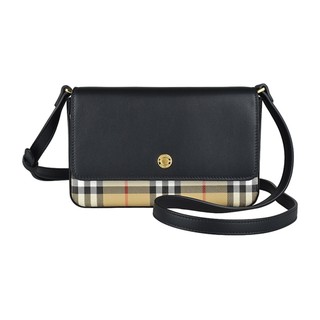 BURBERRY PENNY金屬壓印LOGO格紋設計PVC拼小牛皮釦式肩背斜背兩用包(黑x典藏米)