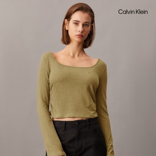 【Calvin Klein】 CK 側褶羅紋針織貼身 T 恤 綠色