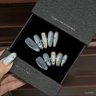 💕加一出品💕【空靈悠遠】側光貓眼穿戴甲 閃鉆穿戴甲 藍色穿戴甲 高定穿戴甲 長款美甲 精緻穿戴甲 長橢圓 中橢圓穿戴甲