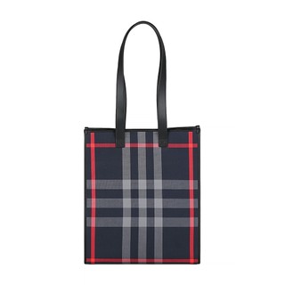 BURBERRY 小牛皮拼帆布Book Tote內標壓印LOGO格紋肩背托特包(中/藍x灰格紋)