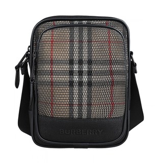 BURBERRY FREDDIE刺繡字母LOOG網布層次及格紋圖案設計帆布飾牛皮邊拉鍊斜背包(米x黑)