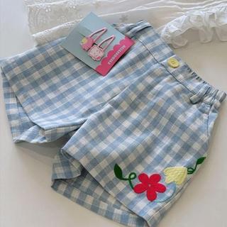 Mimo⭐女童短褲夏季韓版花朵刺繡格紋休閒百搭熱褲