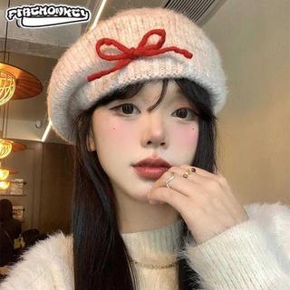 FireMonkey蝴蝶結毛絨針織毛線貝雷帽女秋冬季顯臉小畫家帽大頭圍