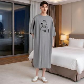 【台灣現貨】夏季家居服 大碼睡衣男 男生長款睡裙 涼感睡衣 睡裙男 男生家居服 男士睡衣 睡袍男 薄款浴袍 寬鬆短袖長袍