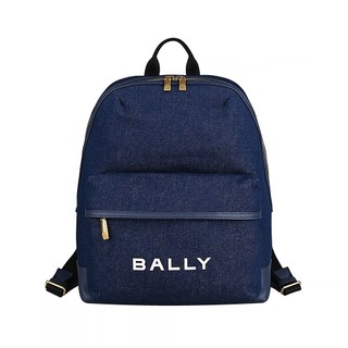 BALLY Bar燙印白字LOGO牛仔帆布拼接牛皮拉鍊後背包(深藍)