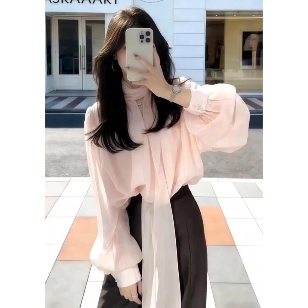 【小資風飄帶襯衫套裝款】法式小資粉色飄帶襯衫套裝女款 2026 新款春裝高級感小個子襯衣上衣簡約版型多場次百搭穿搭
