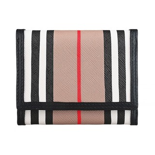 BURBERRY LANCASTER內裡燙金LOGO直線條設計塗層帆布搭牛皮邊飾6卡三折釦短夾(經典米x黑)