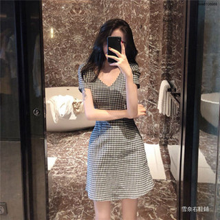 ✨免運夏裝新款復古Chic格子超仙連衣裙少女sukol顯瘦V領收腰氣質裙子女