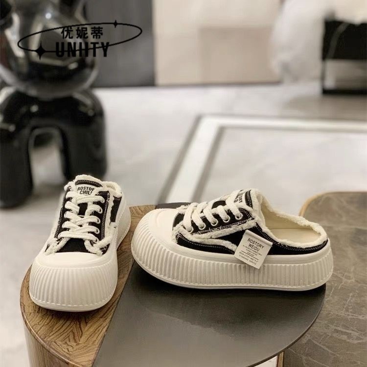 《台灣出貨》優妮蒂2024夏新款無腳後跟小白鞋厚底乞丐鞋帆布包頭半拖鞋女外穿