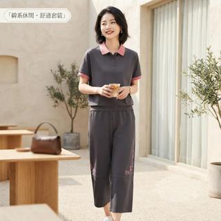 大尺碼女裝套裝｜印花套裝拼接撞色大碼兩件套＋鬆緊腰褲修飾身形｜印花設計｜寬鬆版型｜修飾身形顯瘦