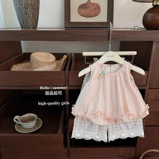Mimo⭐櫻花蜜桃!女寶甜美粉色花苞上衣格子蕾絲九分褲套裝
