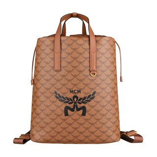 MCM HIMMEL燙印黑字LOGO設計LAURETOS印花塗層帆布束口手提後背包(中/棕)