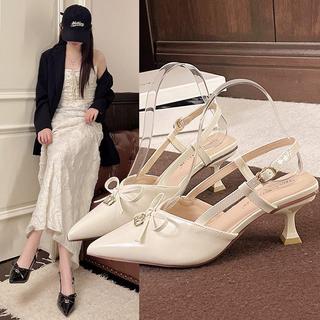 『Shoes oF Lady』『Shoes oF Lady』時尚法式新款細跟軟皮包頭涼鞋女鞋鞋子 中跟氣質蝴蝶結單鞋春夏