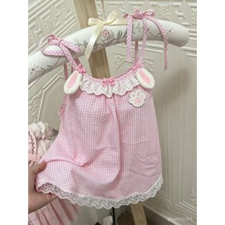 【砂糖の時光】少蘿可愛兔兔耳萌背心兔兔蕾絲花邊粉格蝴蝶結洛麗塔顯瘦吊帶上衣