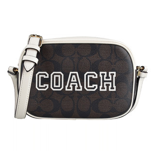 COACH Jamie字母LOGO學院風設計PVC拉鍊斜背相機包(迷你/深棕x白)