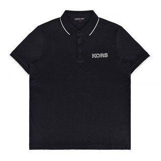 MK MICHAEL KORS胸口刺繡字母LOGO領口三釦設計純棉短袖POLO衫(男款/黑)